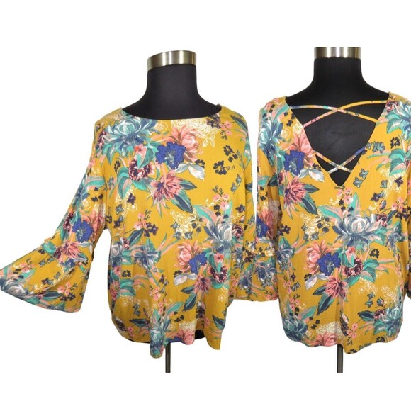 Mustard Tops - Ava + Viv Women's Mustard Floral Strappy Back Flare Sleeve Blouse Plus 4X